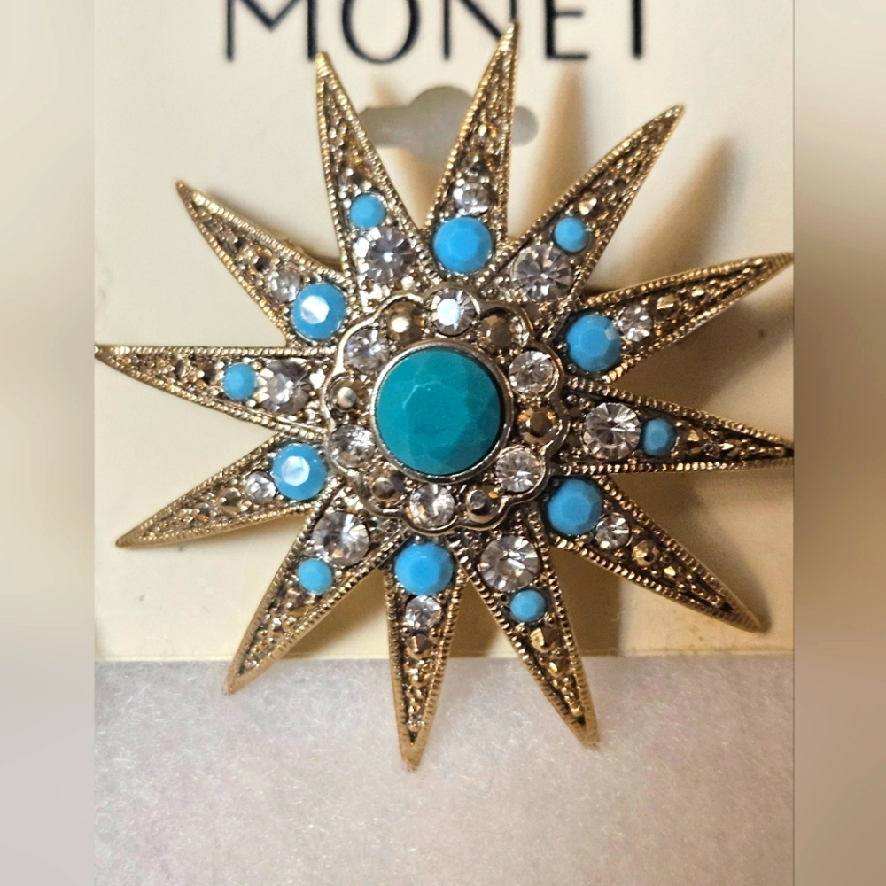 Monet vintage MCM gold tone brooch Atomic Sun Starburst turquoise & crystal